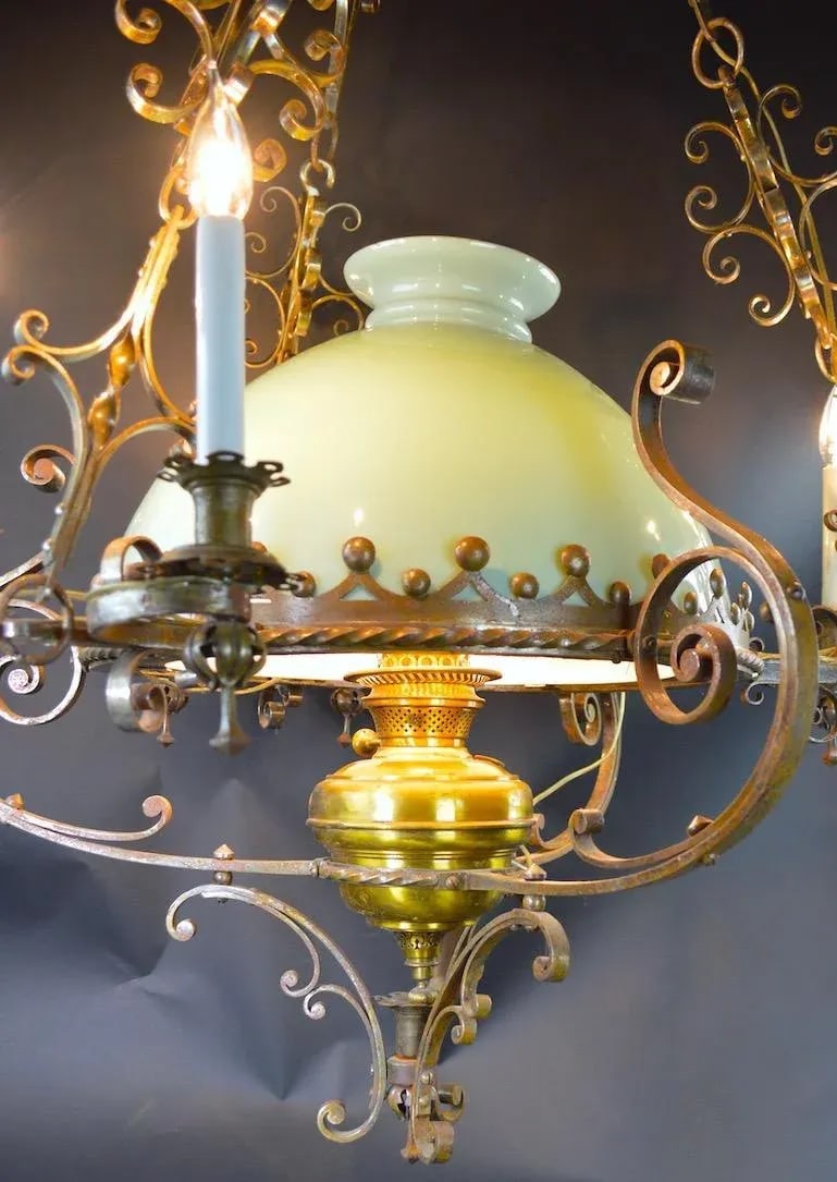 Steel Brass and Glass Oil Light Chandelier in the Spanish Style - 2