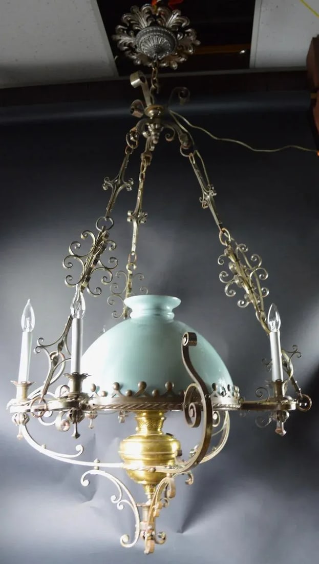 Steel Brass and Glass Oil Light Chandelier in the Spanish Style - 3