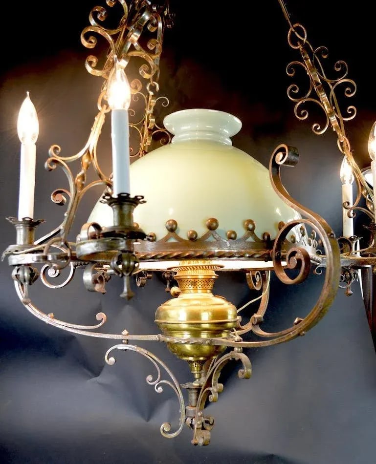 Steel Brass and Glass Oil Light Chandelier in the Spanish Style - 4