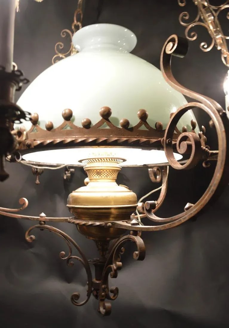 Steel Brass and Glass Oil Light Chandelier in the Spanish Style - 5