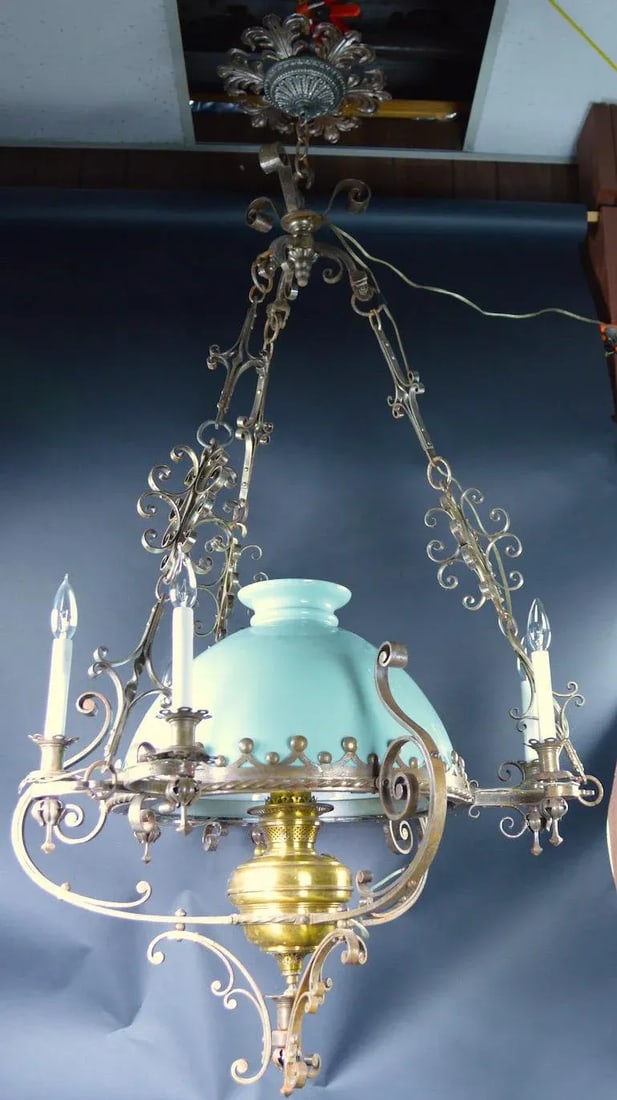 Steel Brass and Glass Oil Light Chandelier in the Spanish Style - 9