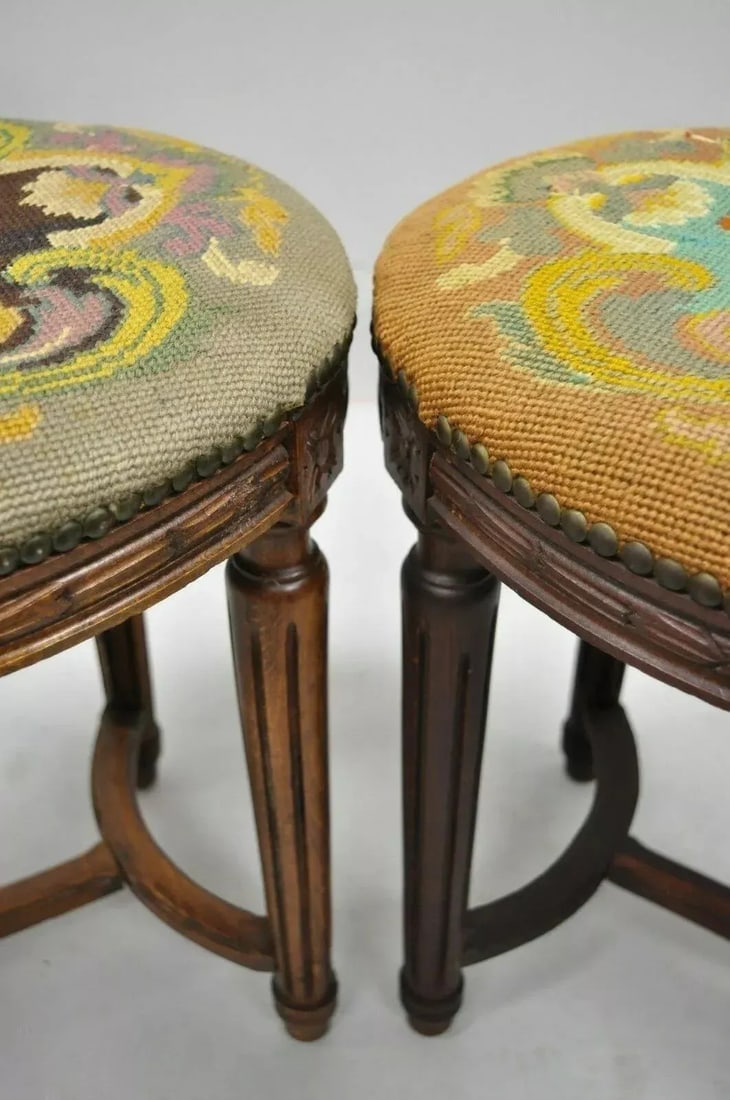 Early 20th Century Antique French Louis XVI Style Carved Walnut & Needlepoint Oval Stools - a Pair - 10