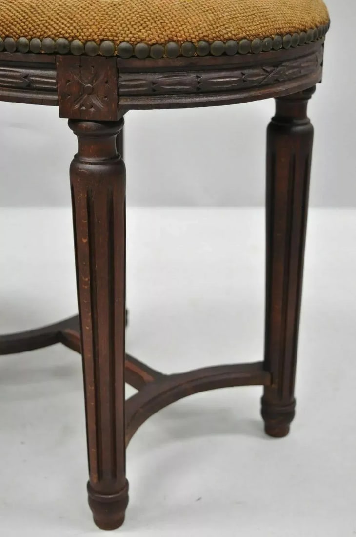 Early 20th Century Antique French Louis XVI Style Carved Walnut & Needlepoint Oval Stools - a Pair - 11