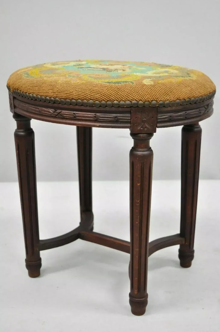 Early 20th Century Antique French Louis XVI Style Carved Walnut & Needlepoint Oval Stools - a Pair - 12