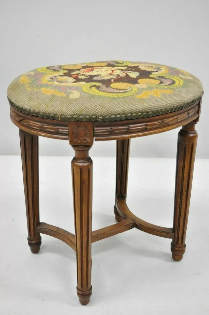 Early 20th Century Antique French Louis XVI Style Carved Walnut & Needlepoint Oval Stools - a Pair - 2