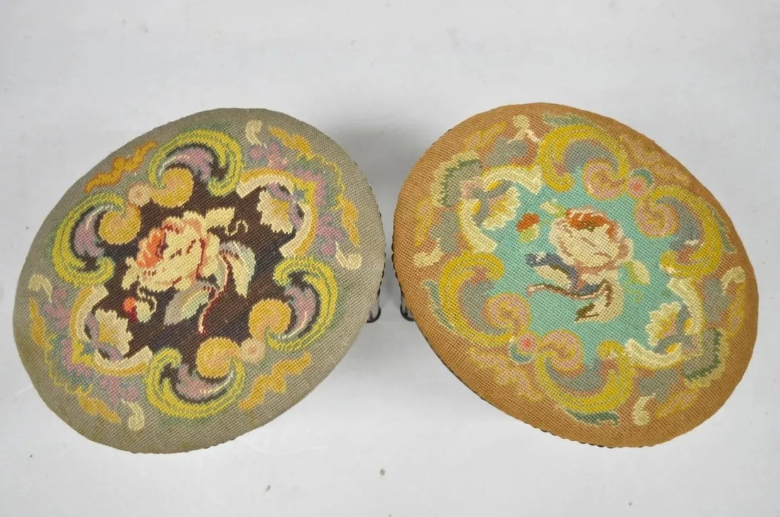 Early 20th Century Antique French Louis XVI Style Carved Walnut & Needlepoint Oval Stools - a Pair - 3