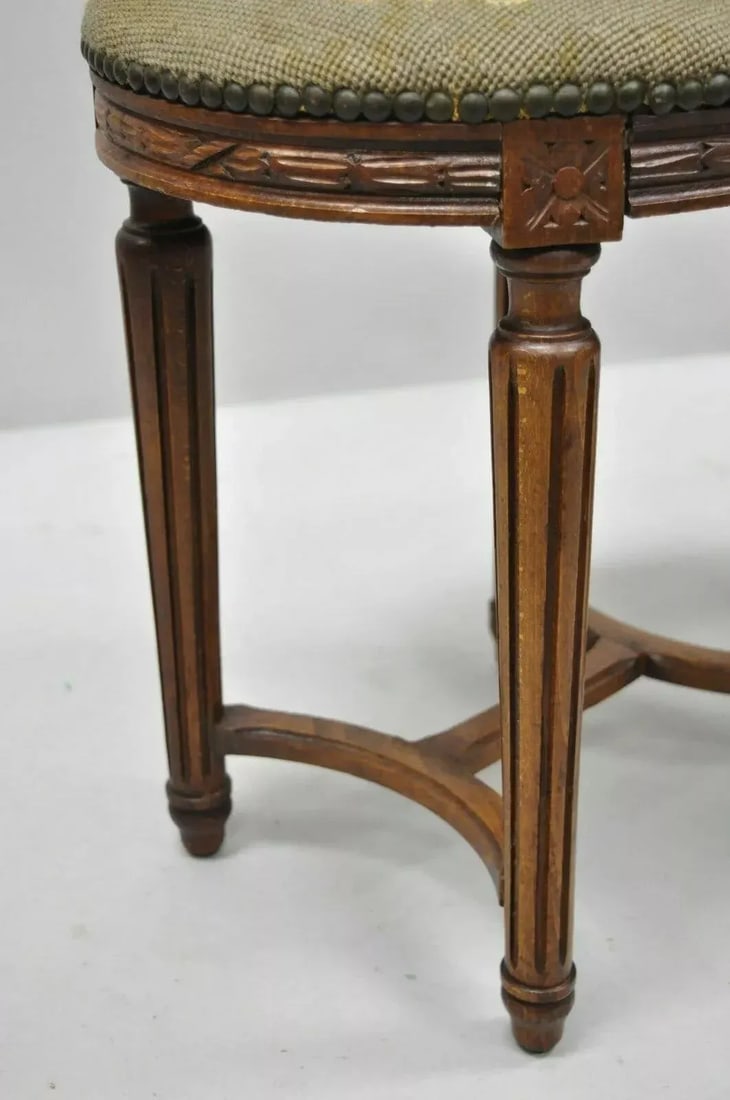 Early 20th Century Antique French Louis XVI Style Carved Walnut & Needlepoint Oval Stools - a Pair - 5