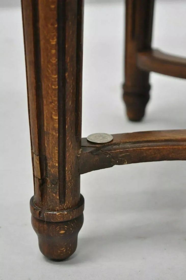 Early 20th Century Antique French Louis XVI Style Carved Walnut & Needlepoint Oval Stools - a Pair - 7