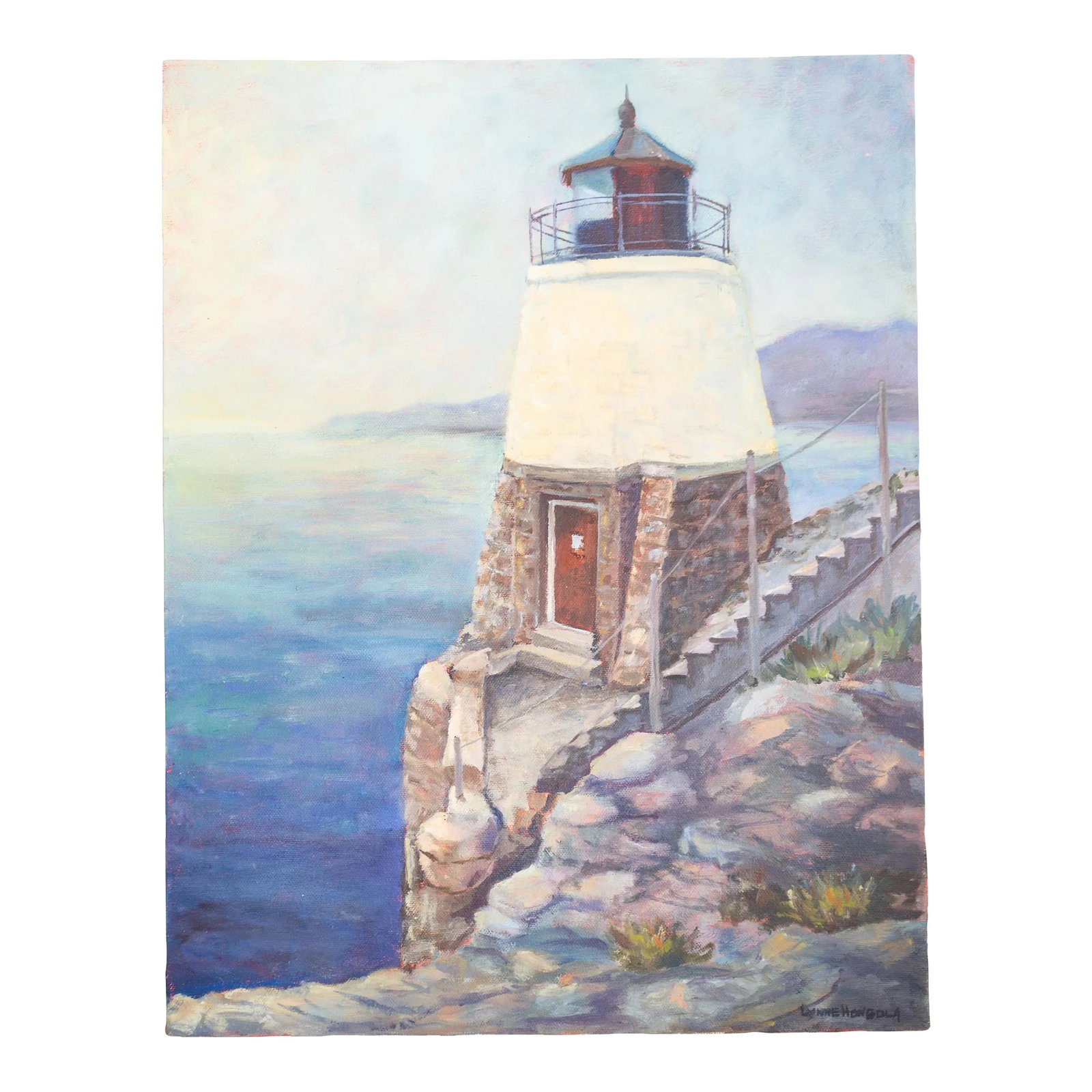 Coastal Oil Painting Castle Hill Lighthouse Newport Rhode Island: This original oil painting depicts the Castle Hill Lighthouse in Newport, Rhode Island, during sunset. This coastal scene features vibrant shades of blue, purple, and creamy white, with a pop of red.