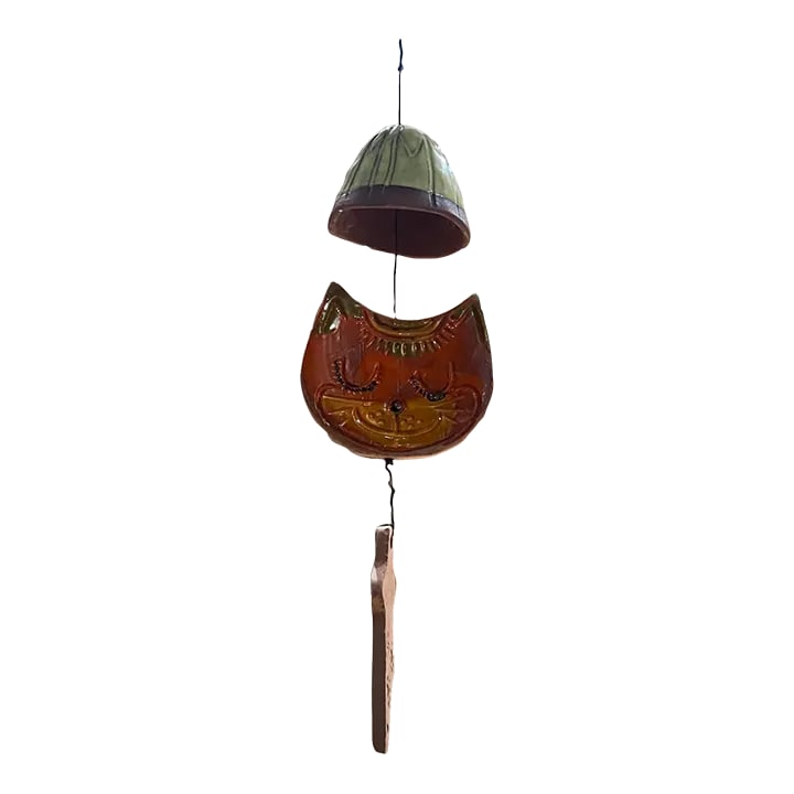 1970s Hand Painted Art Pottery Cat Wind Chime: AMBIANIC presents Decorative Outdoor Pottery Art Cat Wind Chime 21 h x 5.5 w x 3.5 d Preowned vintage unrestored, refer to listed images. Condition: Alterations: Original Condition Unaltered