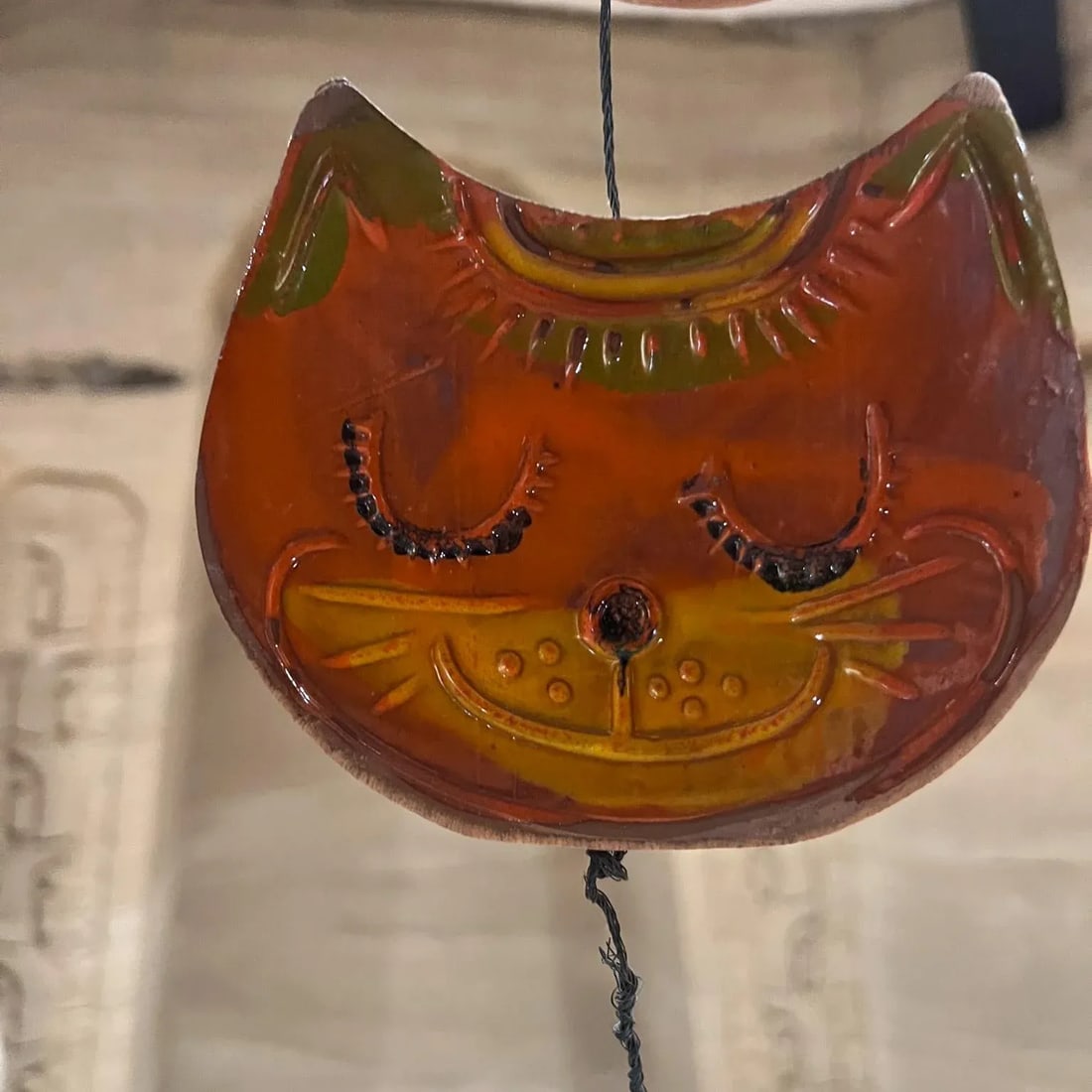 1970s Hand Painted Art Pottery Cat Wind Chime - 2
