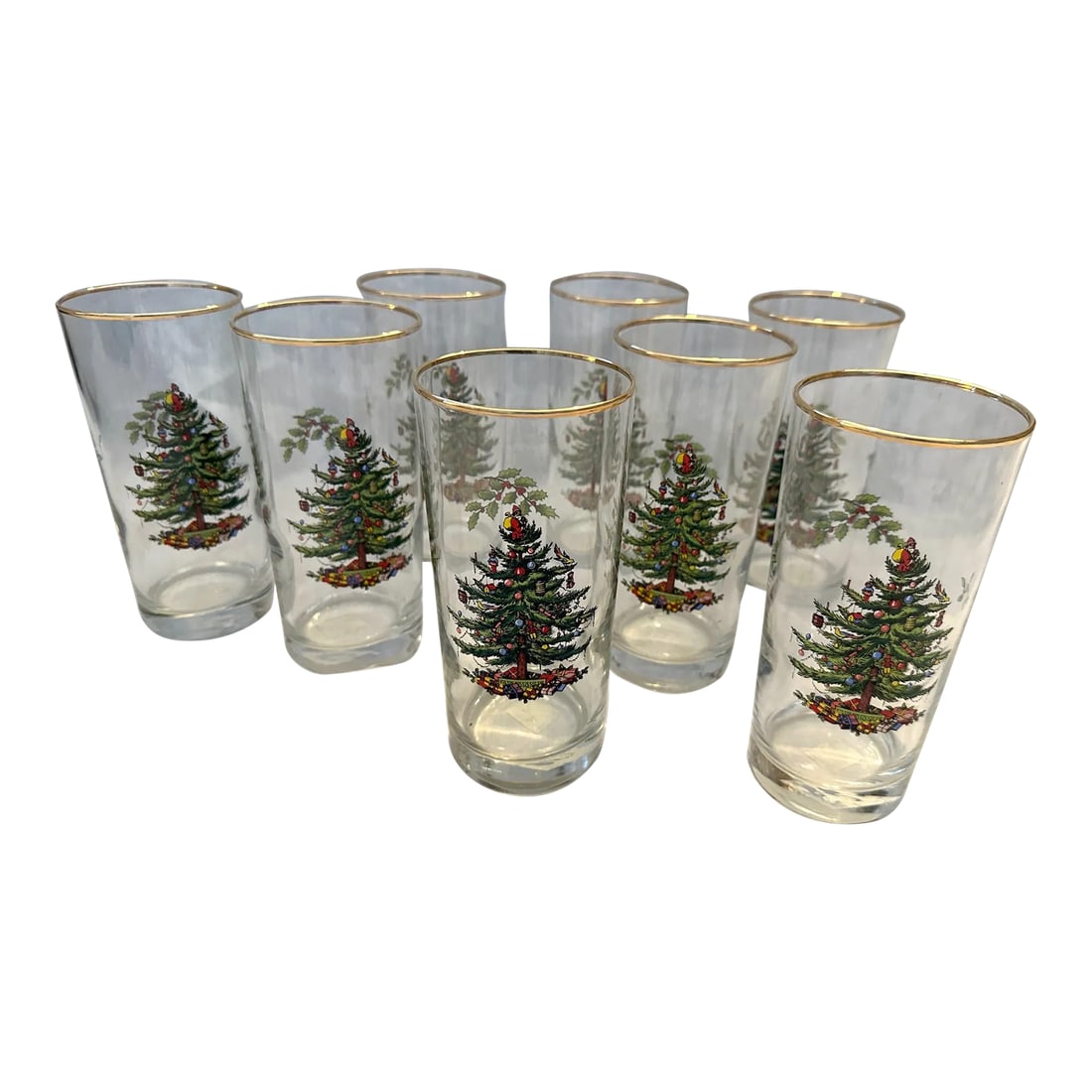 Spode Christmas Tree Tumblers-Set of 8: Vintage Spode "Christmas Tree" Tumblers flat bottom with gold rim. Set of 8 perfect for the Holidays. I have other Christmas tree glasses in my listings so make sure to check them out. 6.25in h x
