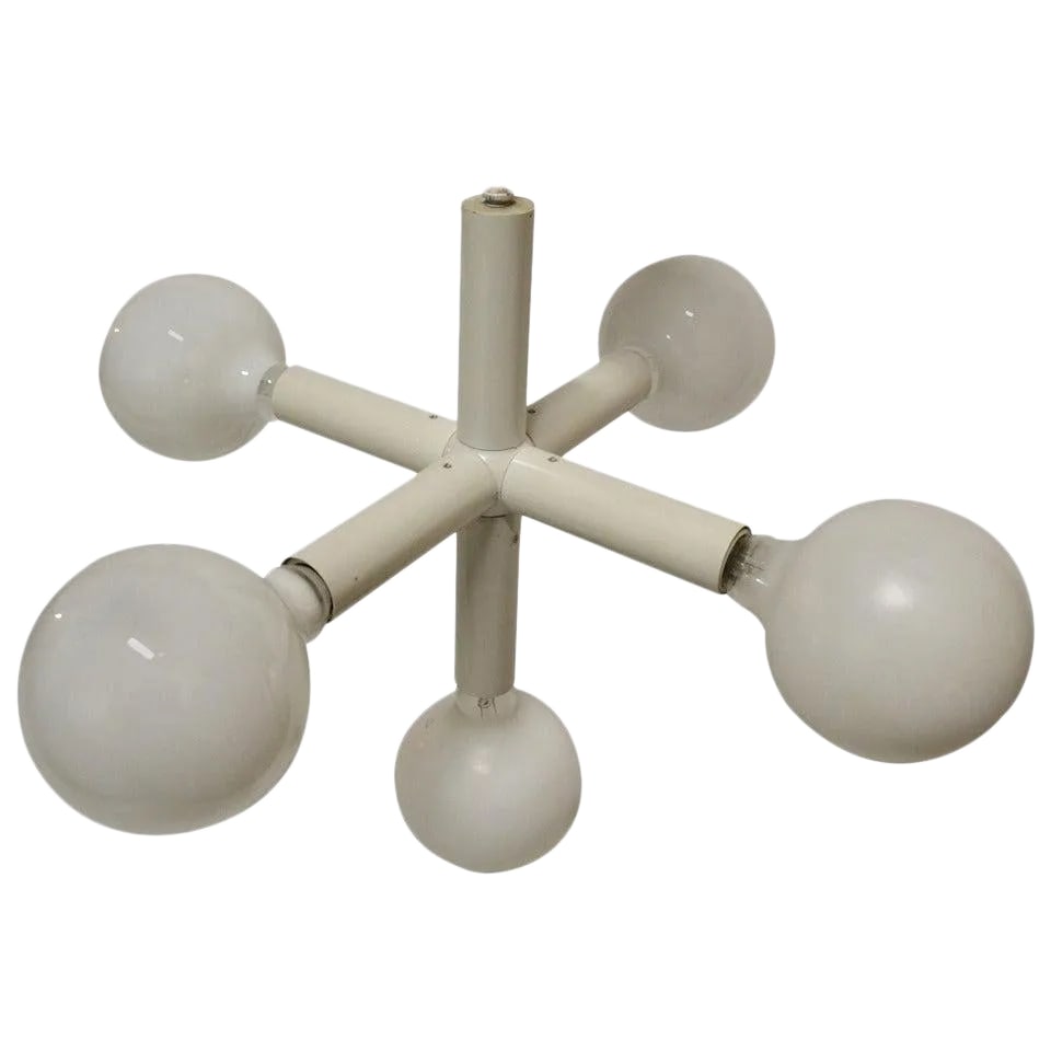 Five Light Lightolier White on White Molecule Chandelier: Space age tubular steel construction, in original white finish. Five sockets, which accept standard bulbs allowing for a variety of choices including the white ball bulbs shown, or clear, or silver