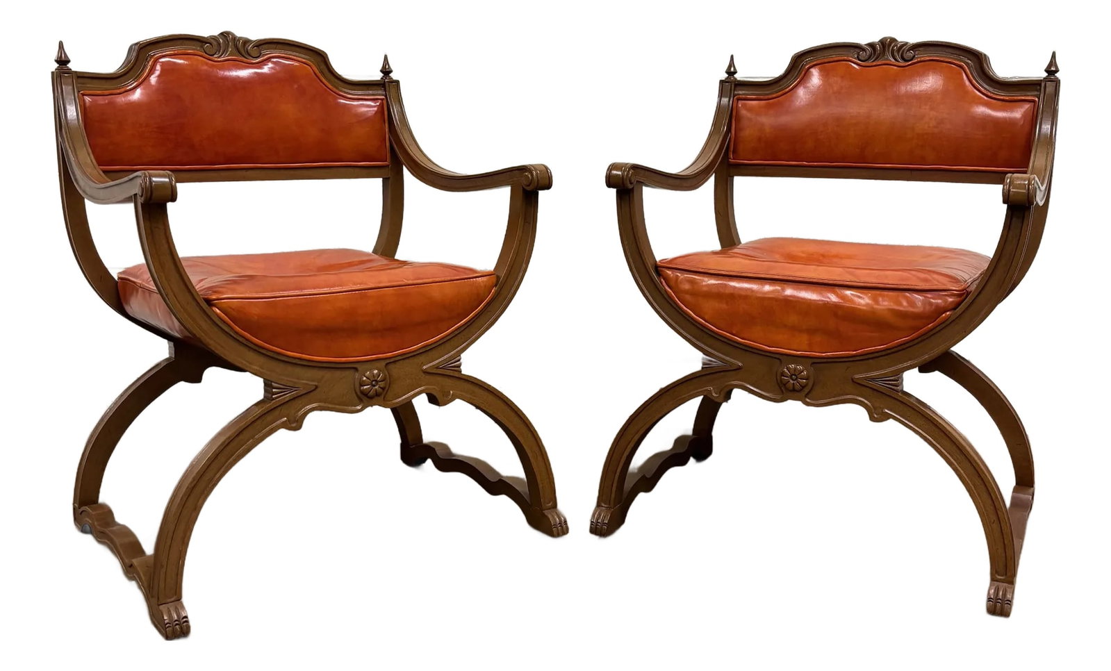 Vintage Hibriten Victorian Style Carved Walnut Savonarola Parlor Armchairs: This is a gorgeous and rare pair of vintage Victorian style carved walnut Savonarola parlor arm chairs with orange or burnt red vinyl by Hibriten Chair Co. of Lenoir N.C. They feature gorgeous orange 