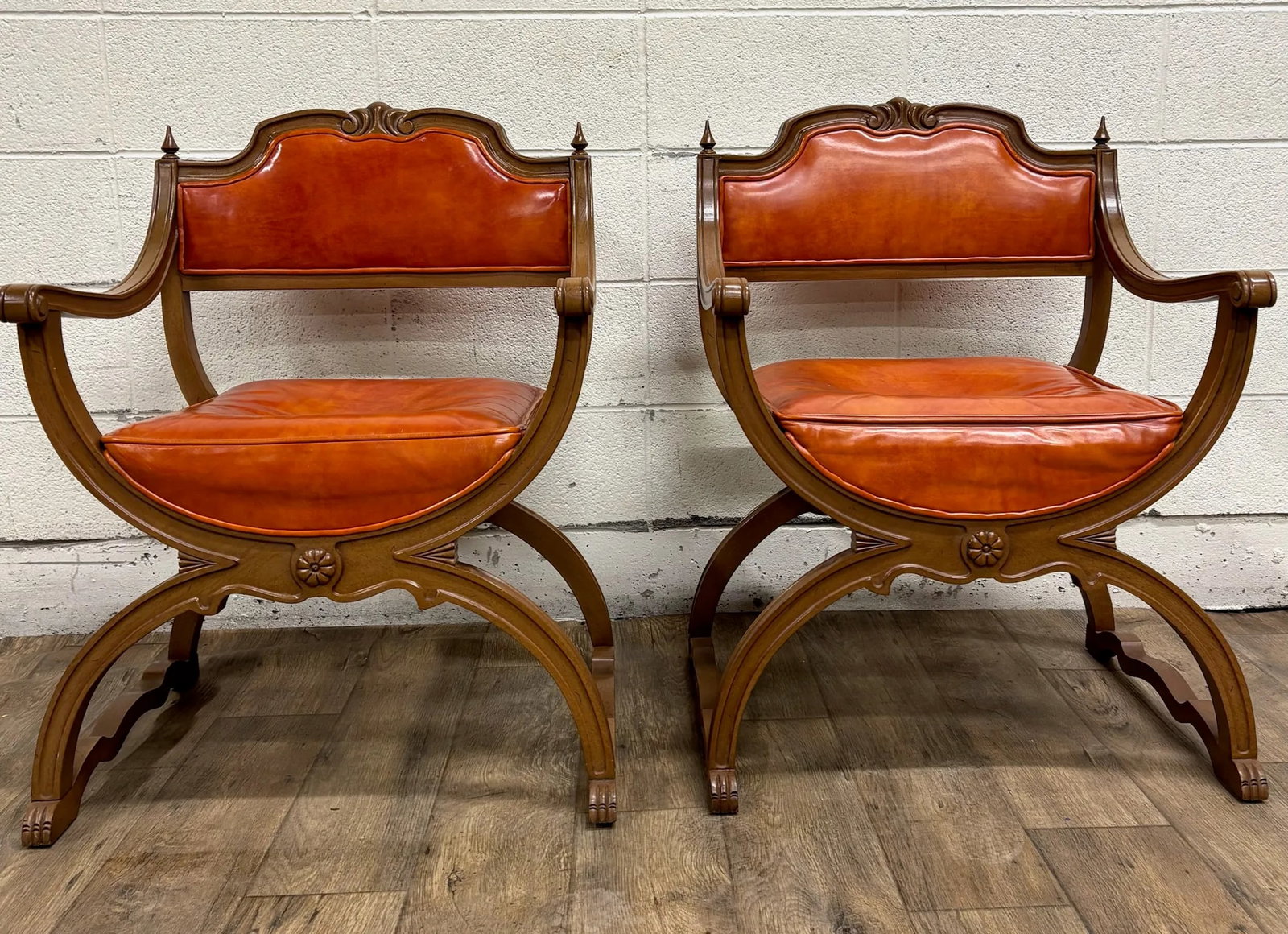 Vintage Hibriten Victorian Style Carved Walnut Savonarola Parlor Armchairs - 2