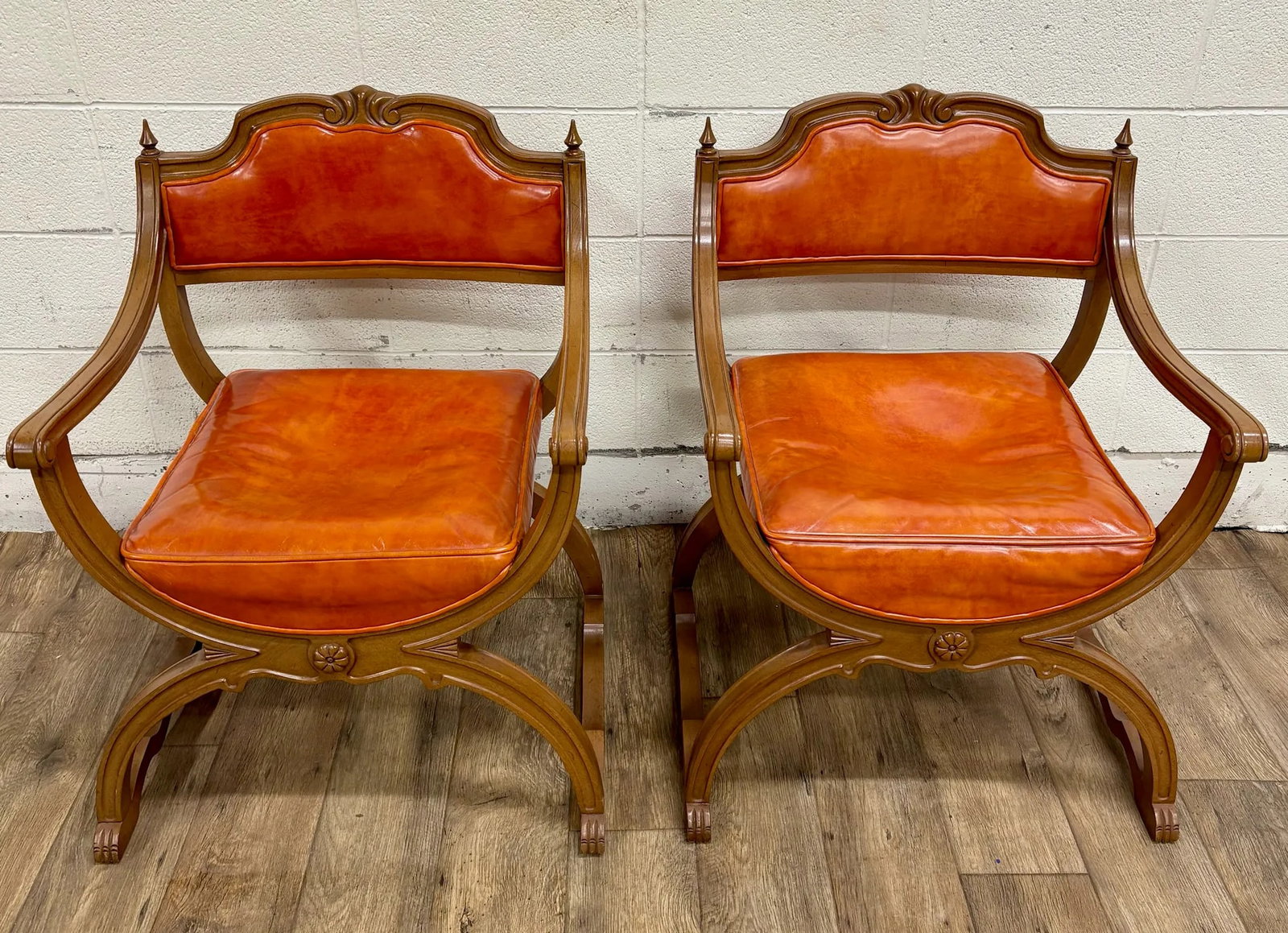 Vintage Hibriten Victorian Style Carved Walnut Savonarola Parlor Armchairs - 3