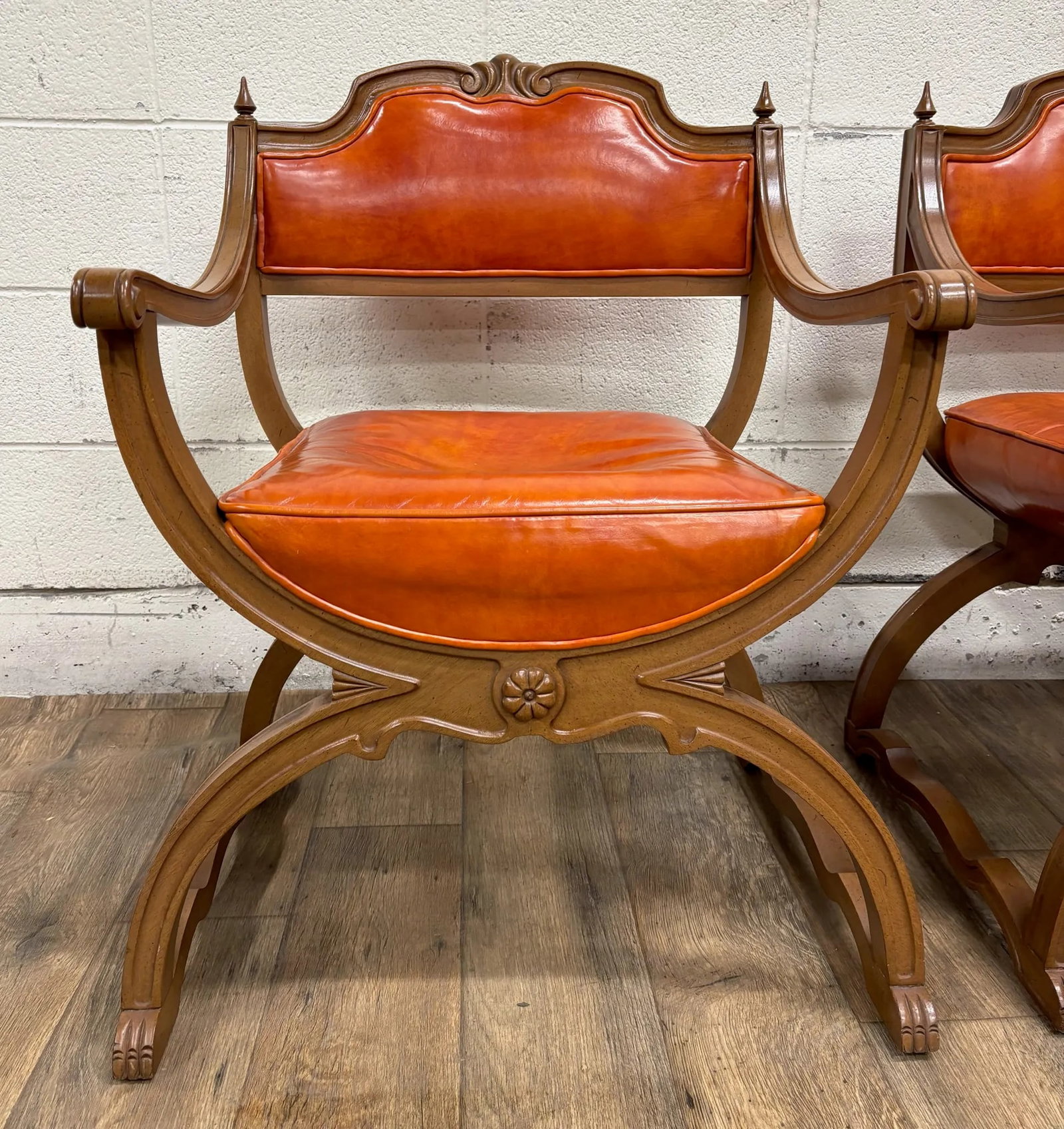Vintage Hibriten Victorian Style Carved Walnut Savonarola Parlor Armchairs - 4