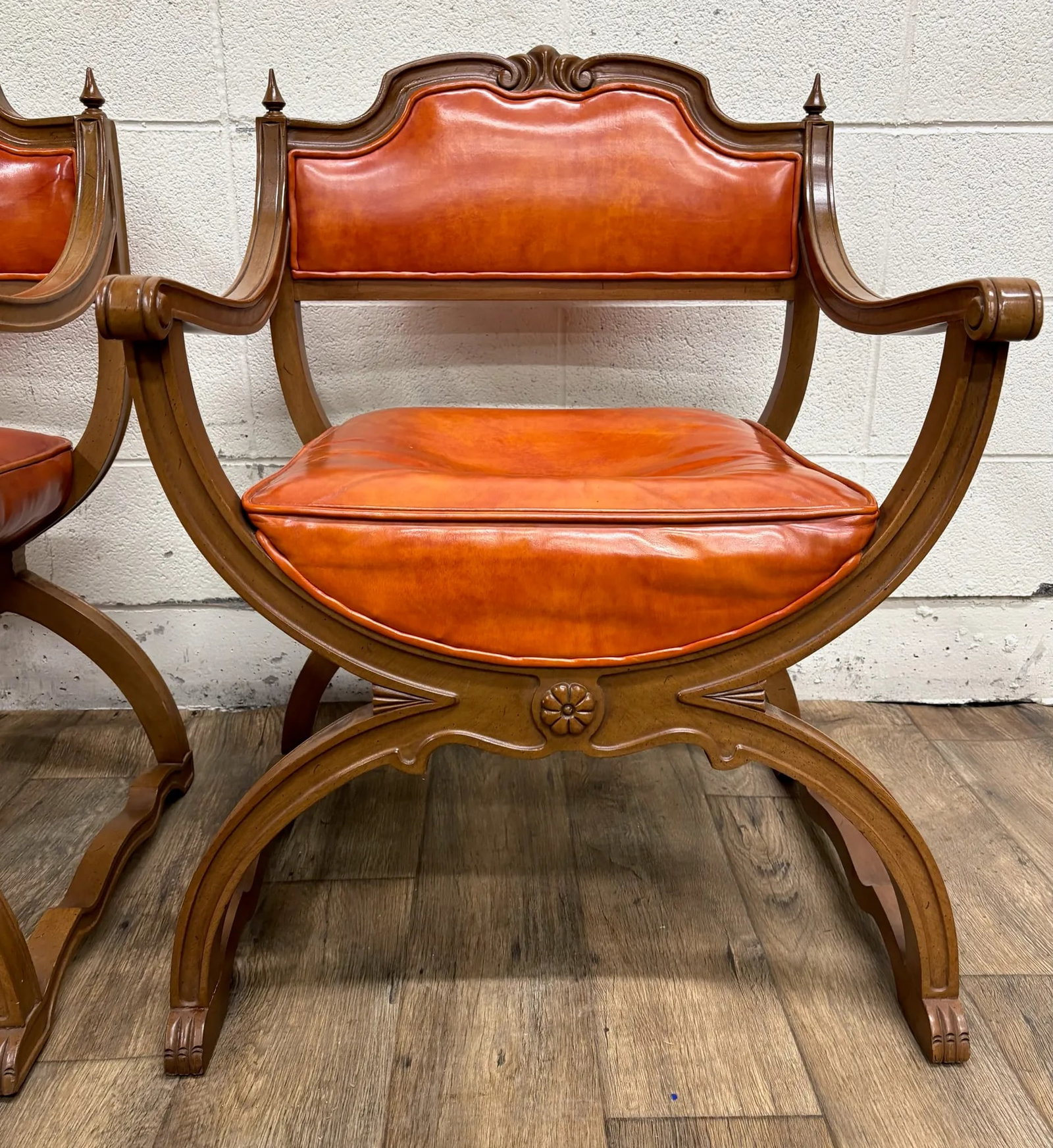 Vintage Hibriten Victorian Style Carved Walnut Savonarola Parlor Armchairs - 5