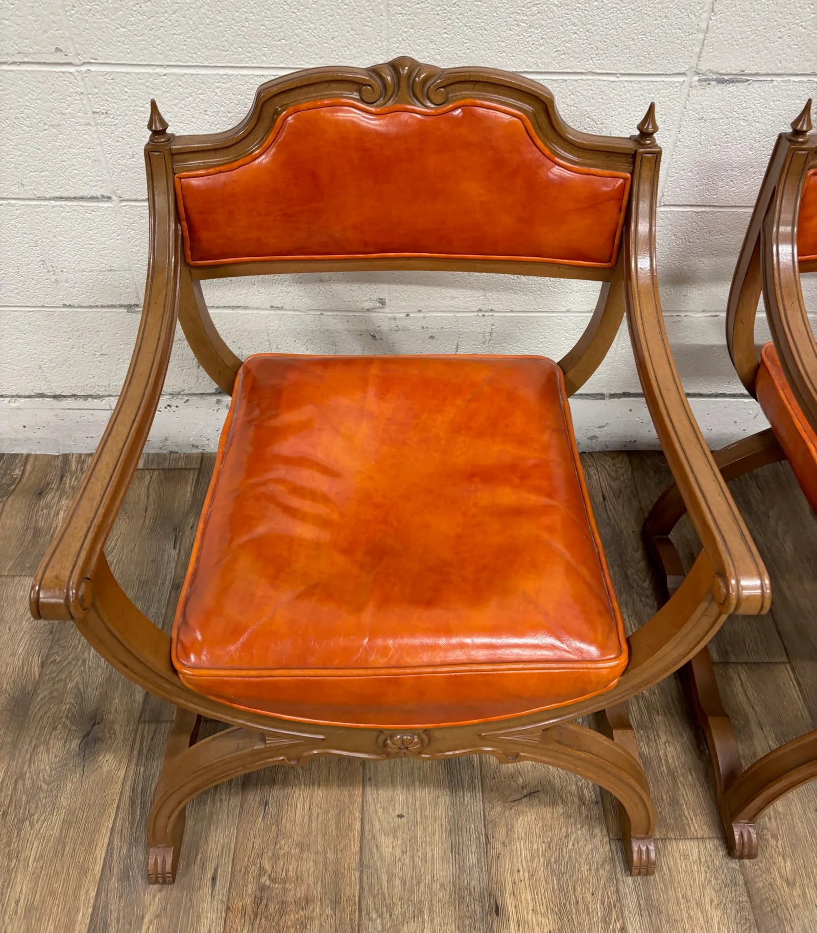 Vintage Hibriten Victorian Style Carved Walnut Savonarola Parlor Armchairs - 6
