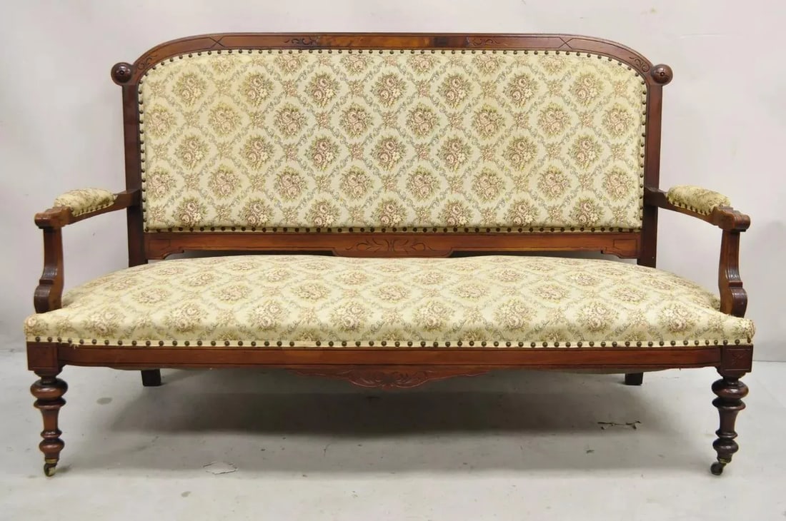 Late 19th Century Antique Eastlake Victorian Carved Walnut Floral Upholstered Parlor Sofa Loveseat - 12