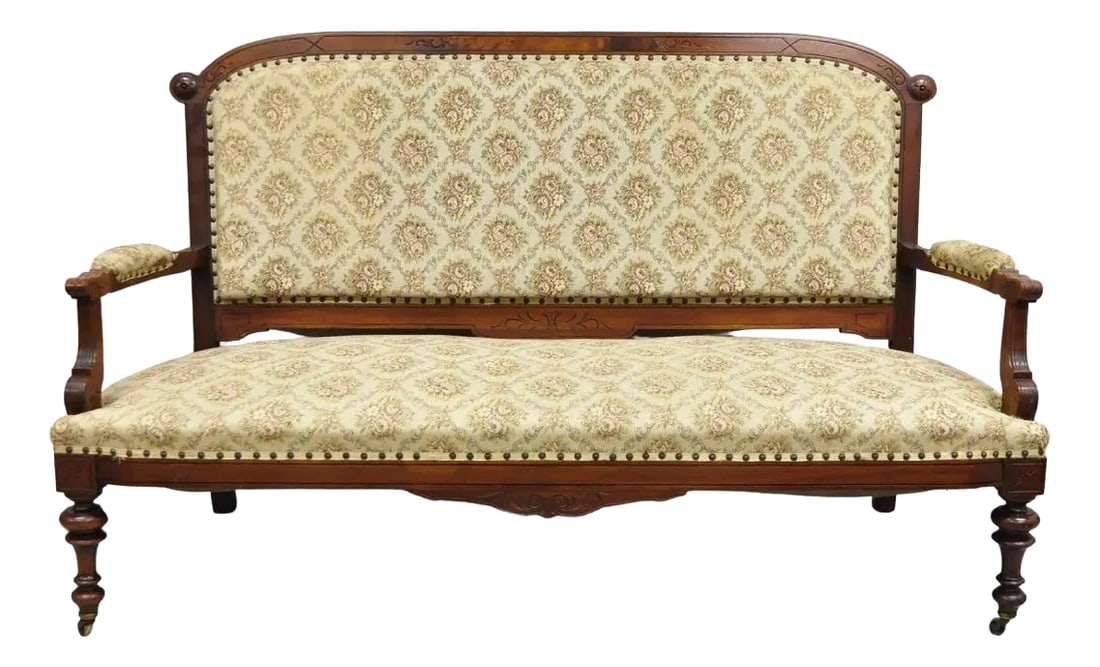 Late 19th Century Antique Eastlake Victorian Carved Walnut Floral Upholstered Parlor Sofa Loveseat (1 of 12)
