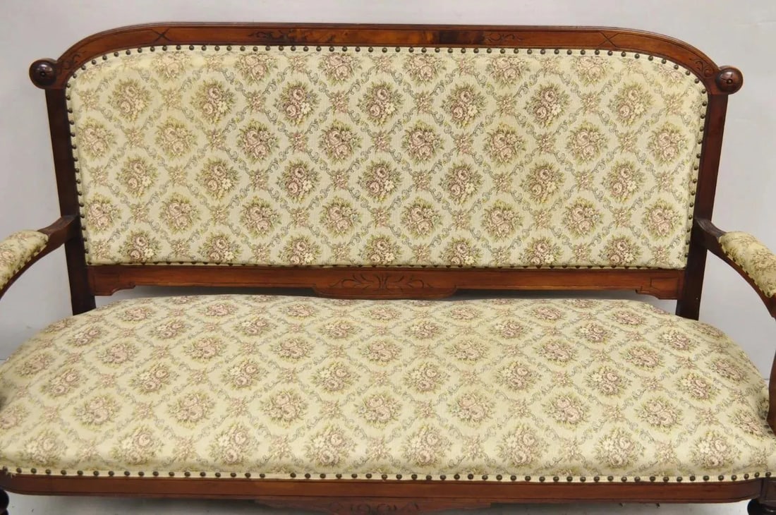 Late 19th Century Antique Eastlake Victorian Carved Walnut Floral Upholstered Parlor Sofa Loveseat - 2