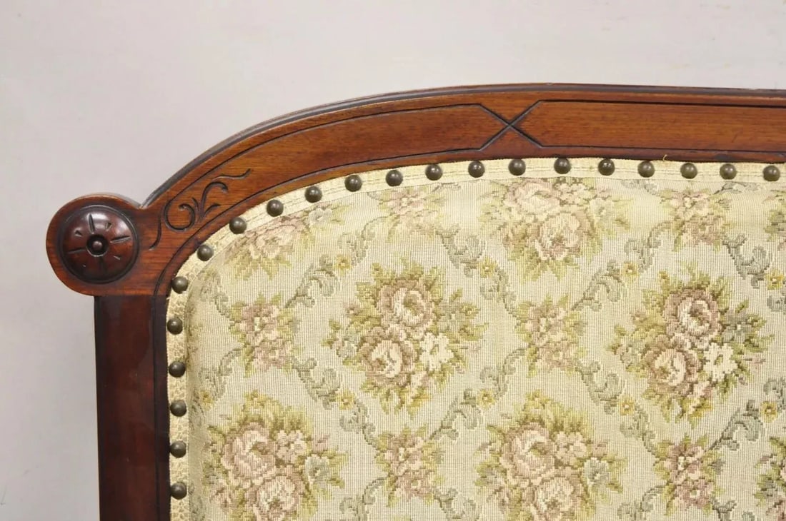 Late 19th Century Antique Eastlake Victorian Carved Walnut Floral Upholstered Parlor Sofa Loveseat - 3