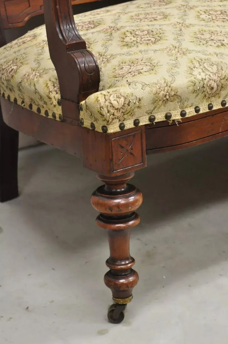 Late 19th Century Antique Eastlake Victorian Carved Walnut Floral Upholstered Parlor Sofa Loveseat - 5