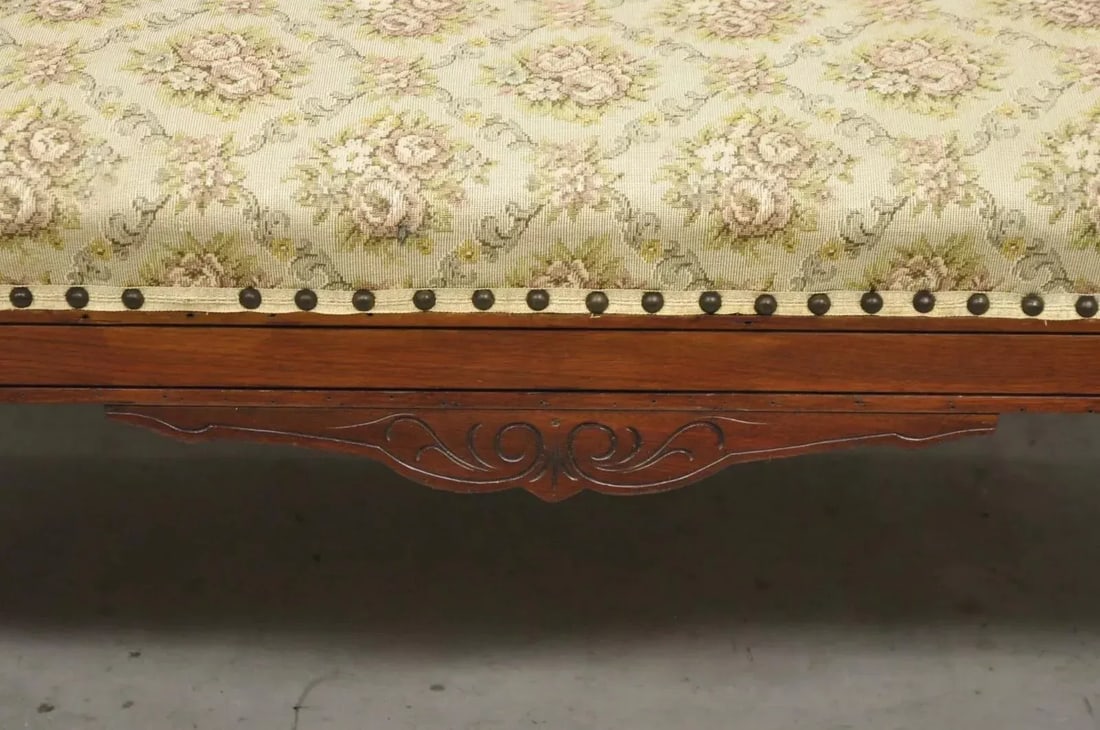 Late 19th Century Antique Eastlake Victorian Carved Walnut Floral Upholstered Parlor Sofa Loveseat - 7