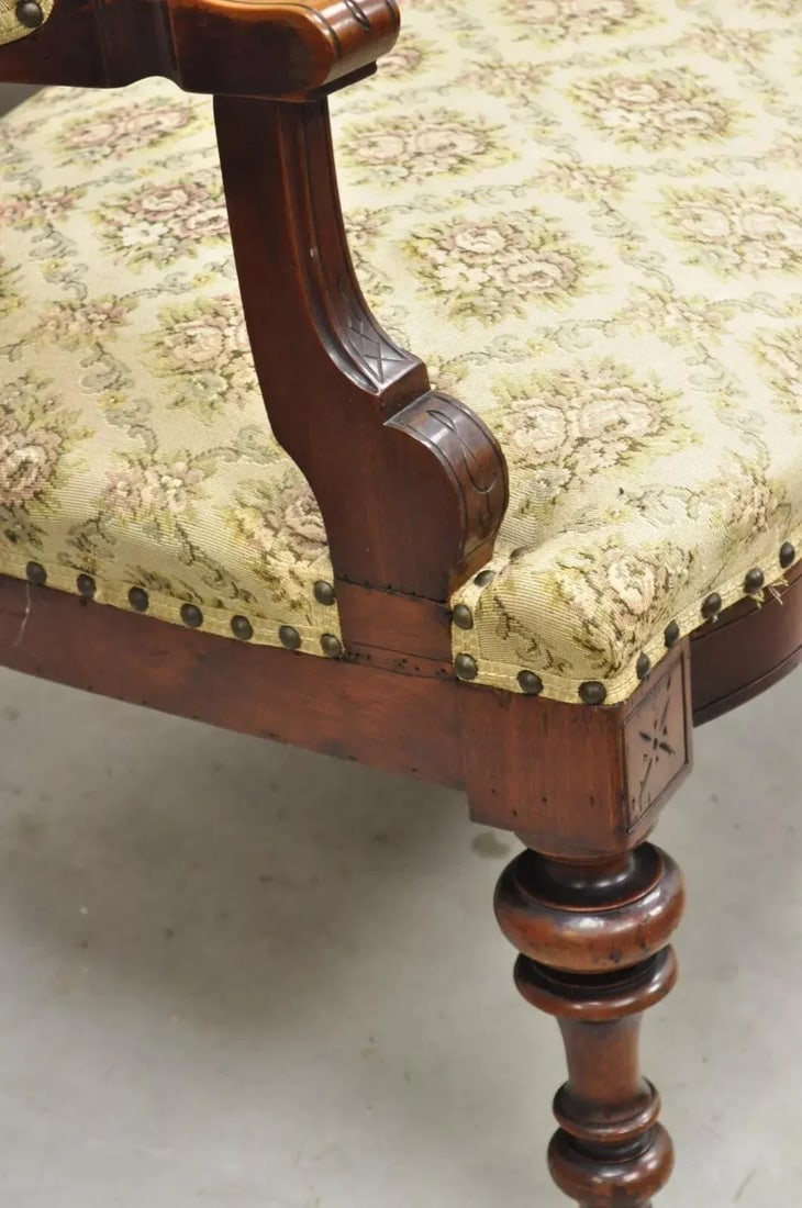 Late 19th Century Antique Eastlake Victorian Carved Walnut Floral Upholstered Parlor Sofa Loveseat - 8