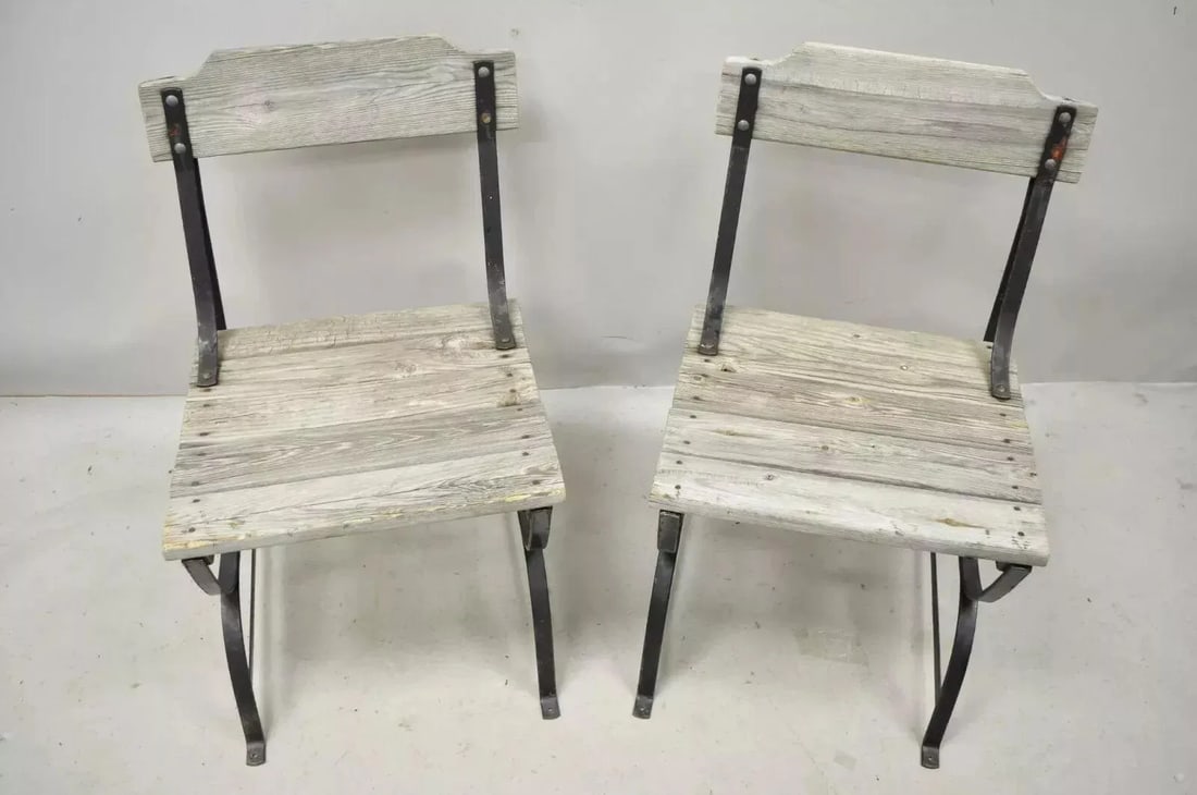 Early 20th Century Antique French Industrial Wrought Iron Wooden Slat Seat Side Chairs - a Pair - 12