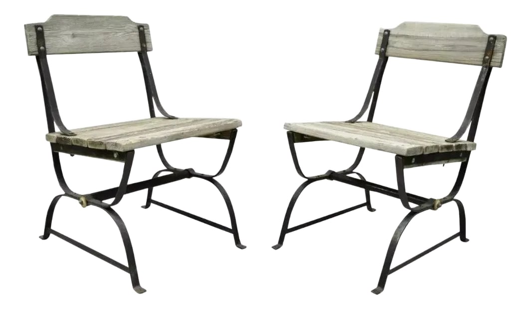 Early 20th Century Antique French Industrial Wrought Iron Wooden Slat Seat Side Chairs - a Pair: Antique French Industrial Wrought Iron Wooden Slat Seat Side Chairs - a Pair. Item features a wood slat seat and back, wrought iron construction, wooden stretcher base, distressed finish, very nice an