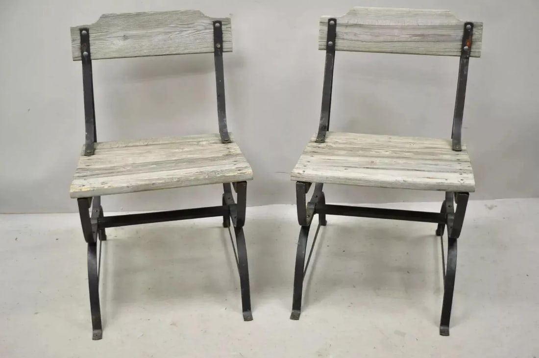 Early 20th Century Antique French Industrial Wrought Iron Wooden Slat Seat Side Chairs - a Pair - 2