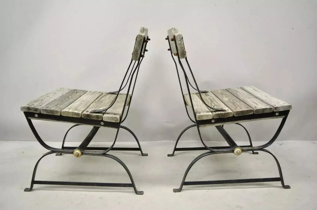Early 20th Century Antique French Industrial Wrought Iron Wooden Slat Seat Side Chairs - a Pair - 3