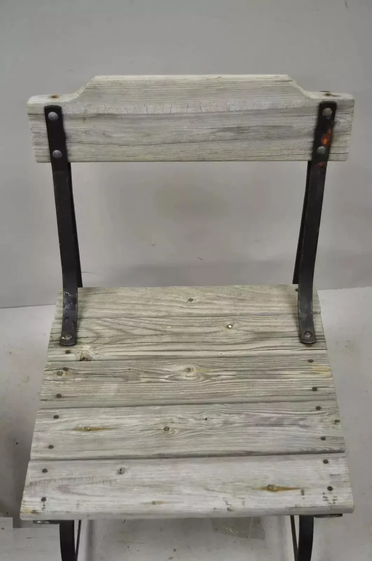 Early 20th Century Antique French Industrial Wrought Iron Wooden Slat Seat Side Chairs - a Pair - 4