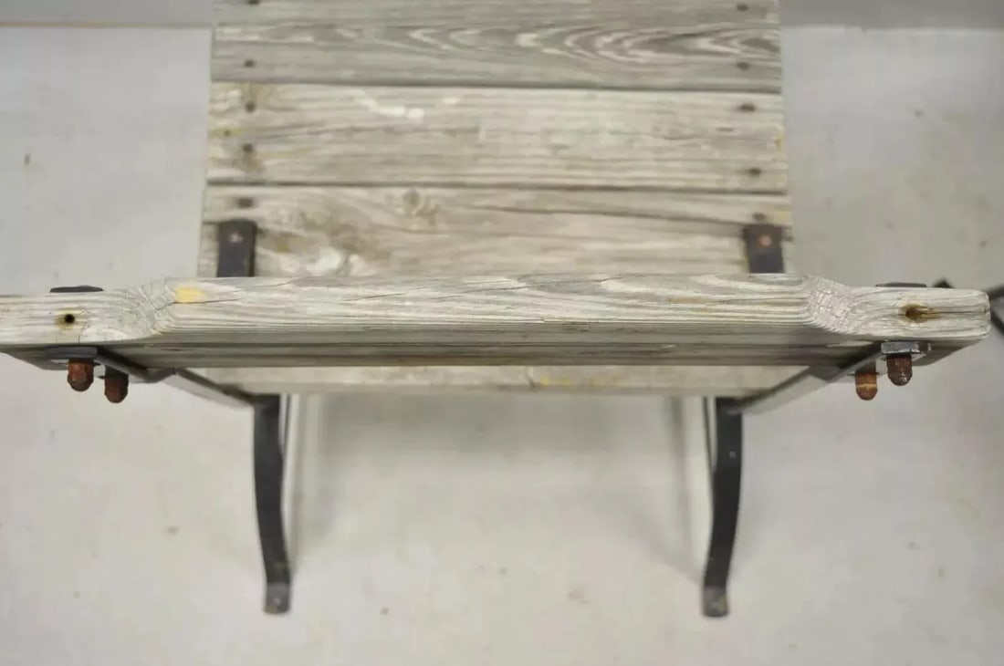 Early 20th Century Antique French Industrial Wrought Iron Wooden Slat Seat Side Chairs - a Pair - 7