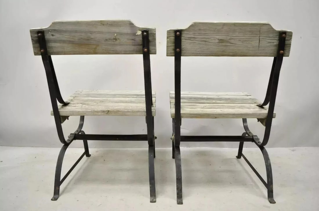 Early 20th Century Antique French Industrial Wrought Iron Wooden Slat Seat Side Chairs - a Pair - 8