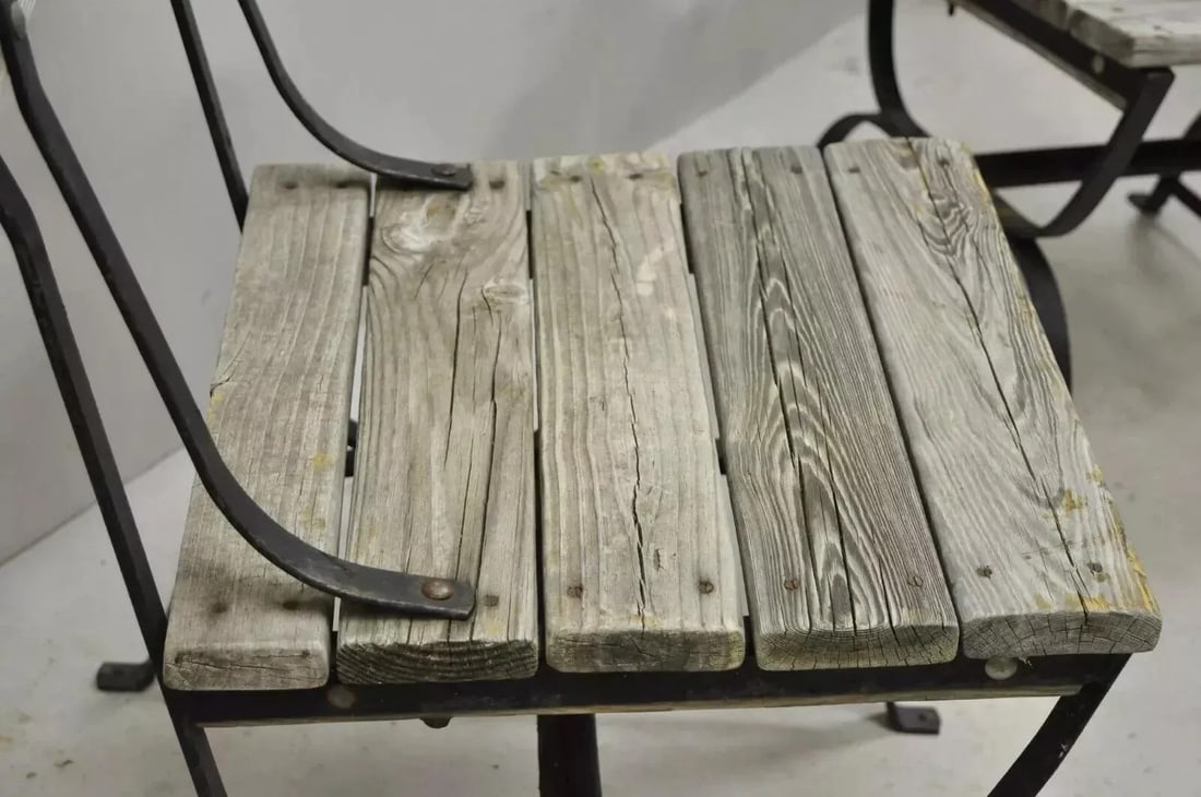 Early 20th Century Antique French Industrial Wrought Iron Wooden Slat Seat Side Chairs - a Pair - 9