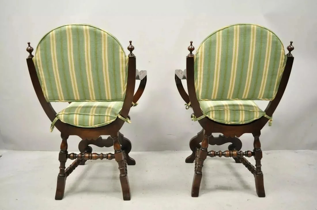 Early 1900s Antique Italian Renaissance Carved Walnut Savonarola Throne Arm Chairs - a Pair - 10