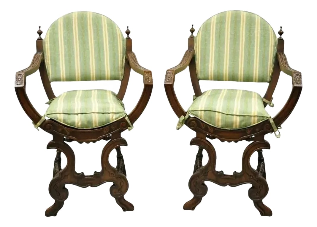 Early 1900s Antique Italian Renaissance Carved Walnut Savonarola Throne Arm Chairs - a Pair (1 of 11)