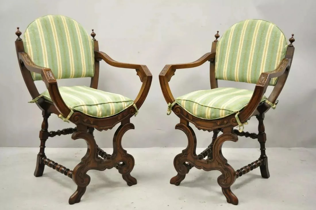 Early 1900s Antique Italian Renaissance Carved Walnut Savonarola Throne Arm Chairs - a Pair - 2