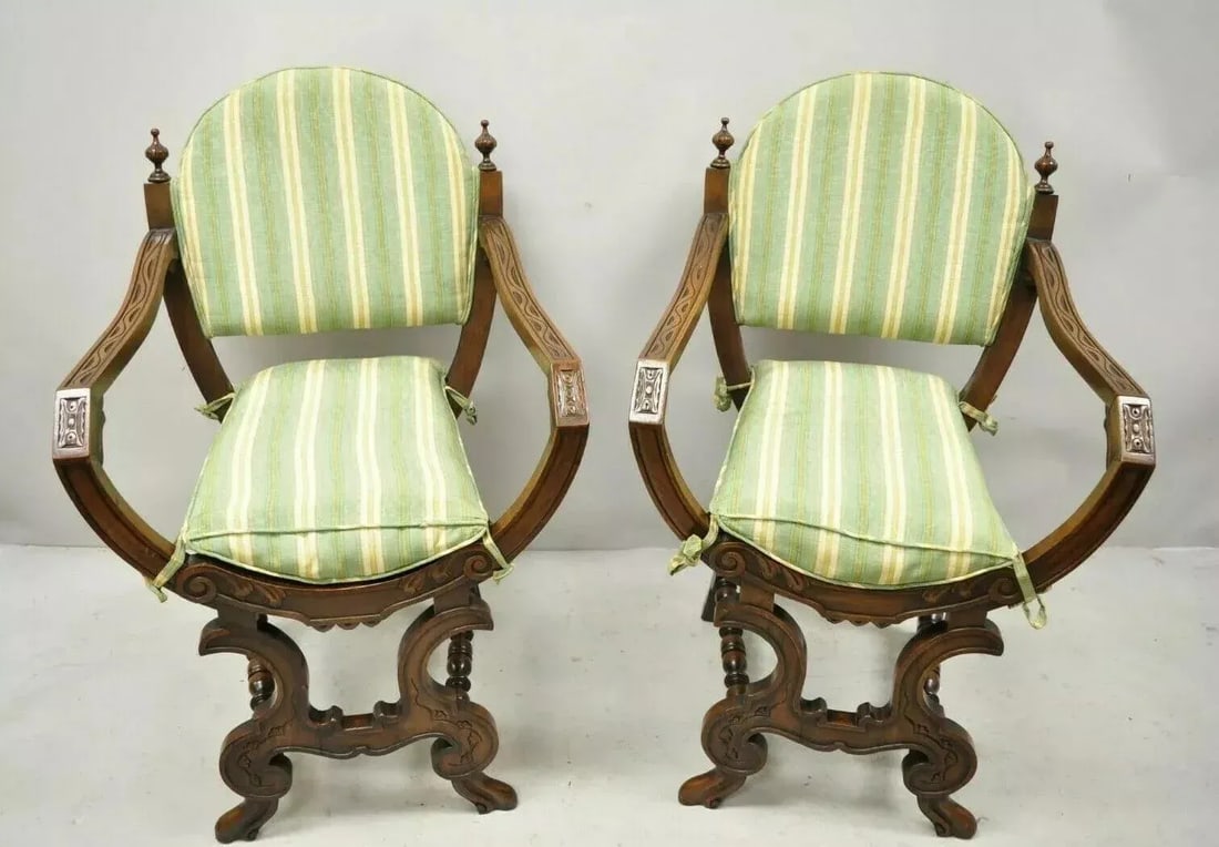 Early 1900s Antique Italian Renaissance Carved Walnut Savonarola Throne Arm Chairs - a Pair - 3