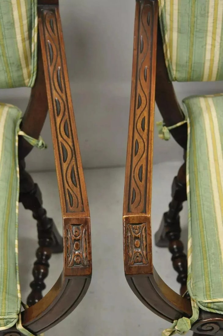 Early 1900s Antique Italian Renaissance Carved Walnut Savonarola Throne Arm Chairs - a Pair - 4