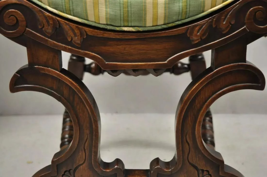Early 1900s Antique Italian Renaissance Carved Walnut Savonarola Throne Arm Chairs - a Pair - 7