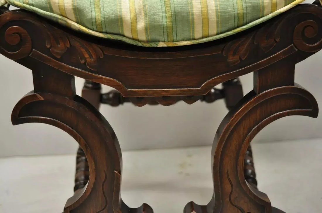 Early 1900s Antique Italian Renaissance Carved Walnut Savonarola Throne Arm Chairs - a Pair - 9