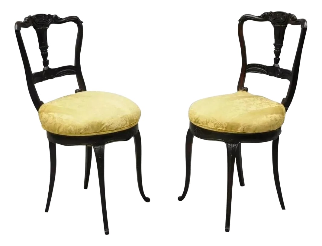 Antique French Victorian Carved Rosewood Small Petite Accent Side Chairs - Pair (1 of 12)