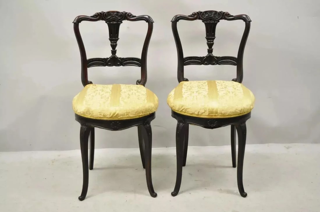 Antique French Victorian Carved Rosewood Small Petite Accent Side Chairs - Pair - 2