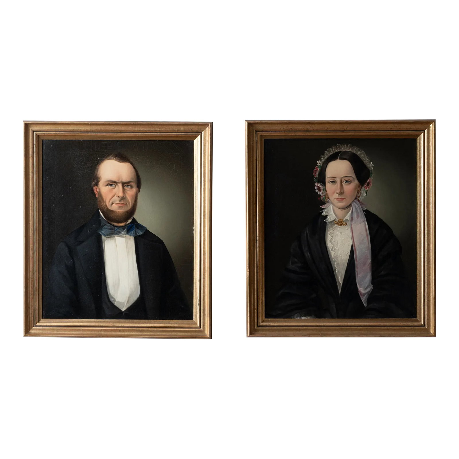A Pair of Biedermeier Portraits, c.1840: A pair of Biedermeier portraits, circa 1840. Professionally restored in the 1960s. canvas: 20 3/4 by 24 1/2 inches frame: 25 1/2 by 29 1/4 inches Found together with the portrait of the children