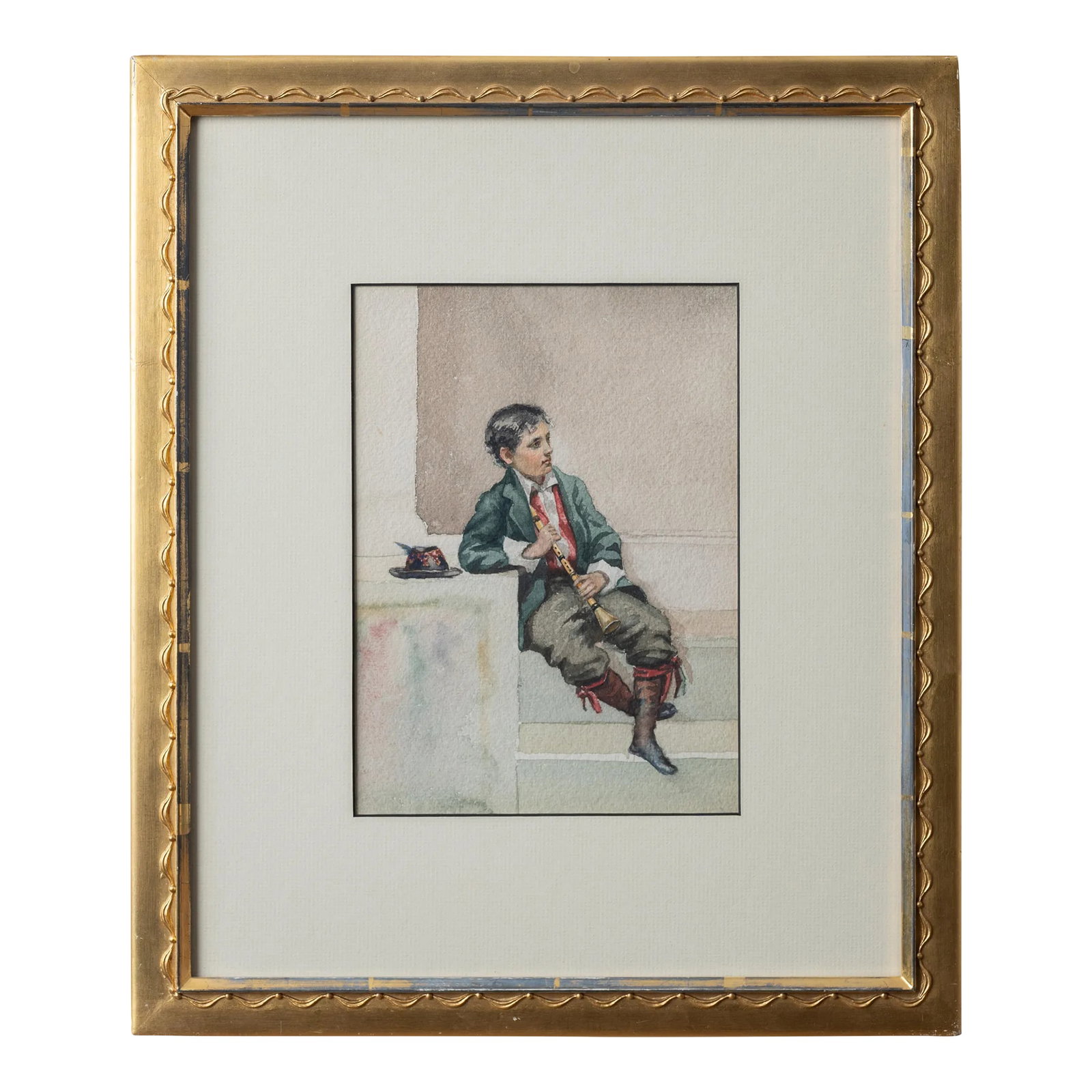Italian School Flute Player Watercolor, 1899: An Italian School flute player watercolor. Initialed verso E.O. and dated August 28, 1899. sight: 6 3/4 by 9 1/4 inches frame: 14 1/2 by 17 1/4 inches Condition: Alterations: Original Condition