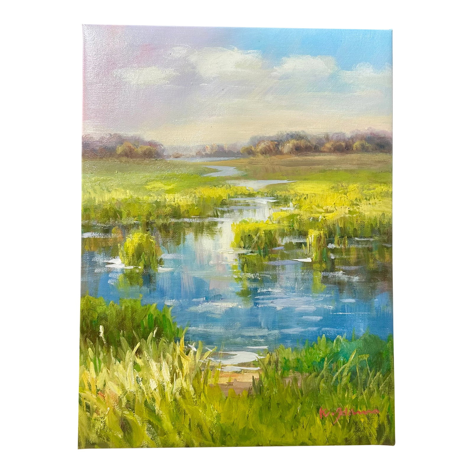 Marsh Coastal Landscape Oil Painting on Canvas by K. Hanna - 12" X 16": Capture the quiet beauty of the coastal marsh landscape with this original oil painting by K. Hanna, a serene study inspired by the soft light and natural atmosphere of the Mid-Atlantic shoreline. Thi
